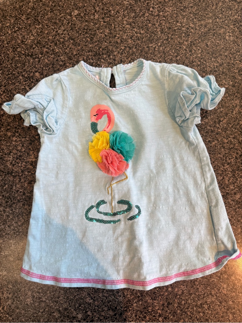Mud Pie Light Blue Flamingo Tee with Multicolor Pom Floral Detail